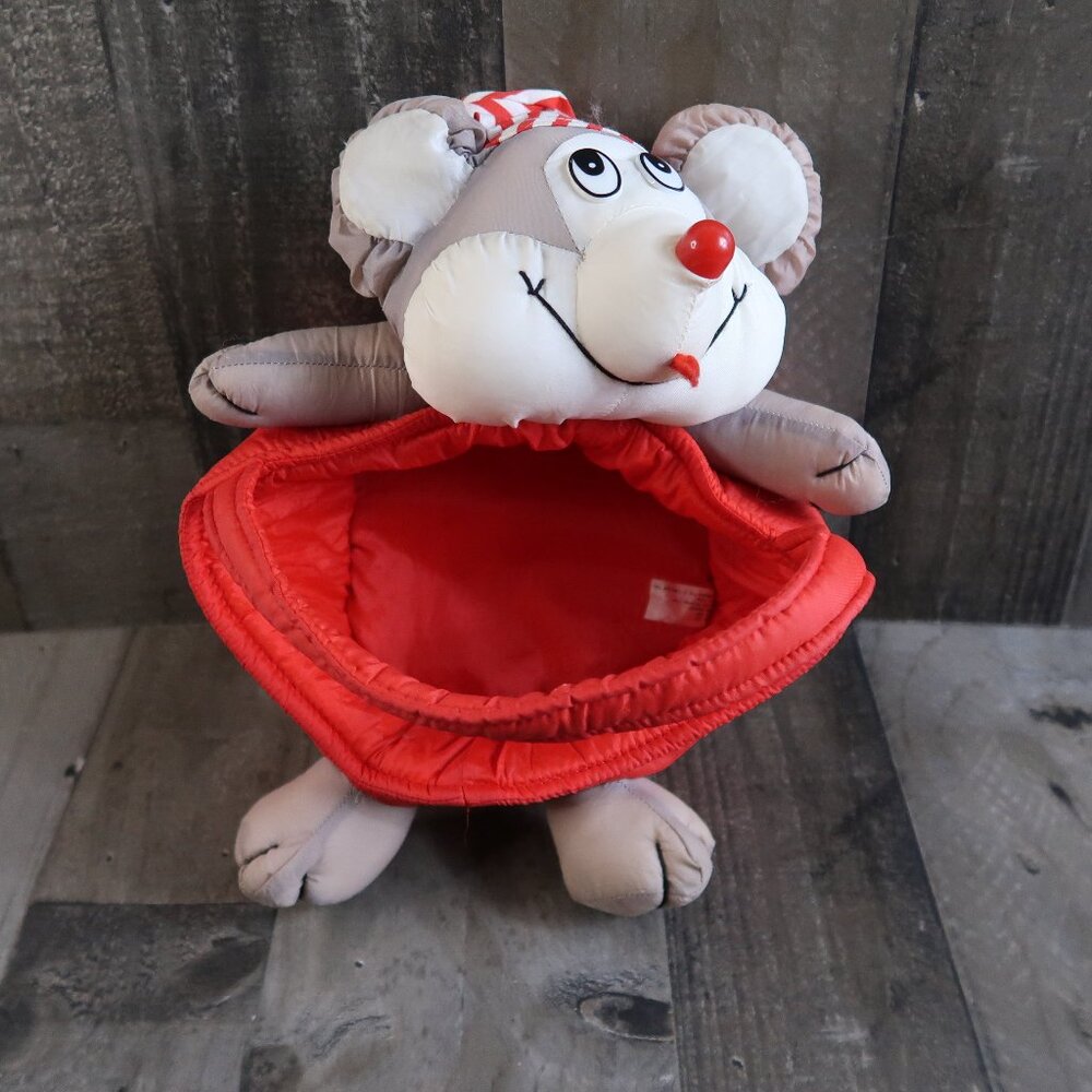 Vintage Nylon Puffalump Christmas Mouse Red Basket Plush Stuffed Animal